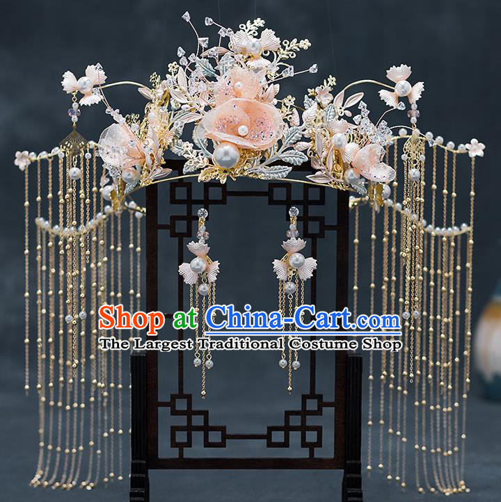 Top Chinese Traditional Wedding Pink Silk Flowers Tassel Hair Clasp Bride Handmade Hairpins Hair Accessories Complete Set