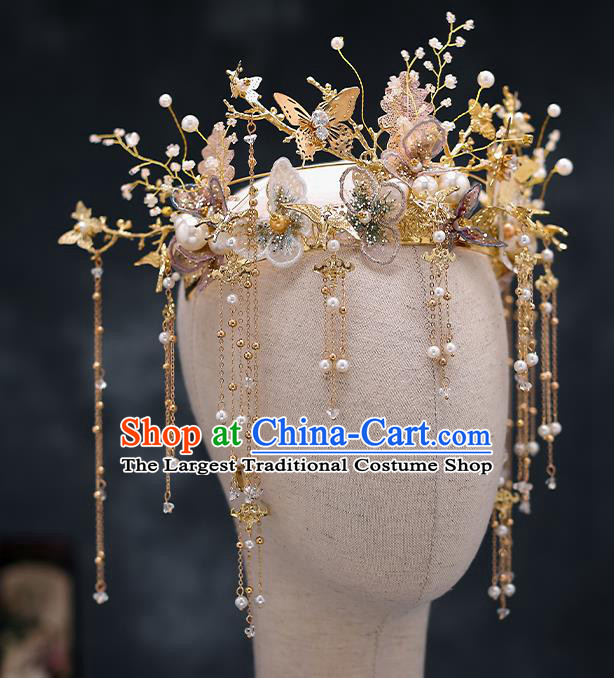 Top Chinese Traditional Wedding Tassel Golden Hair Clasp Bride Handmade Hairpins Hair Accessories Complete Set