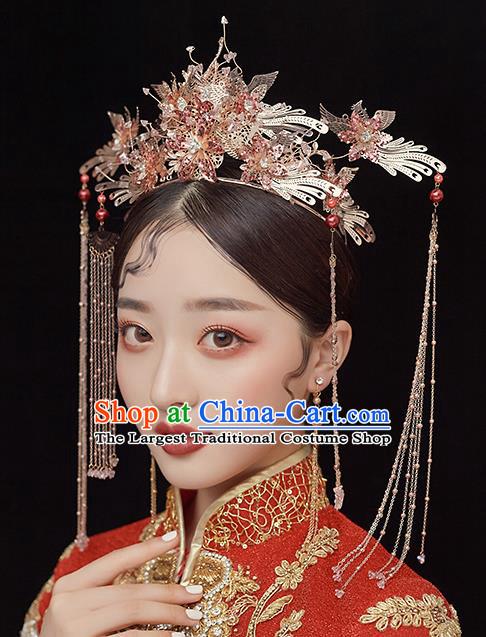 Top Chinese Traditional Wedding Golden Phoenix Tassel Hair Crown Bride Handmade Hairpins Hair Accessories Complete Set