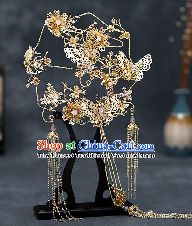 Chinese Traditional Wedding Golden Butterfly Palace Fans Ancient Bride Prop Round Fan for Men