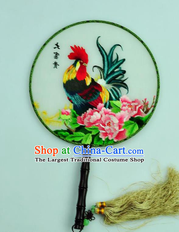 Chinese Traditional Embroidered Silk Fans Craft Handmade Su Embroidery Cock Peony Palace Fan Round Fan