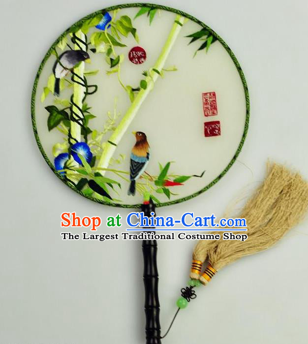 Chinese Traditional Embroidered Bamboo Silk Fans Craft Handmade Su Embroidery Petunia Birds Palace Fan Round Fan