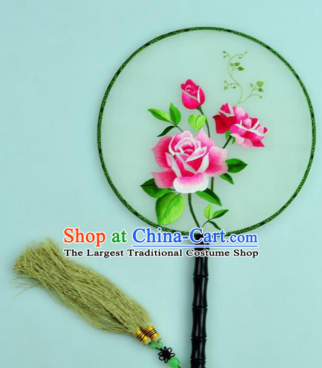 Chinese Traditional Embroidered Roses Silk Fans Craft Handmade Su Embroidery Palace Fan Round Fan