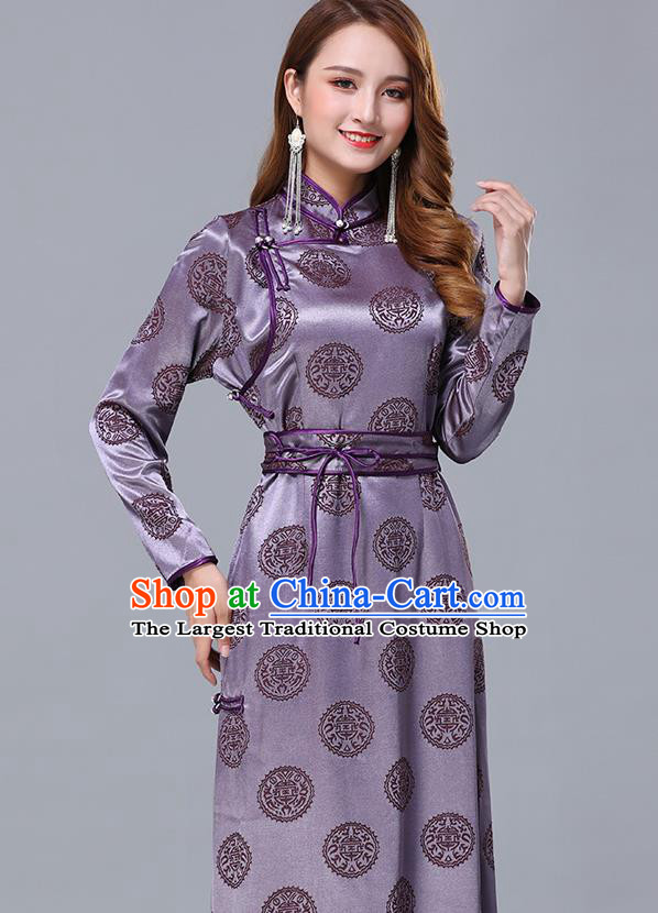 Chinese Traditional Mongolian Nationality Violet Satin Dress Mongol Ethnic Stage Show Costume for Women