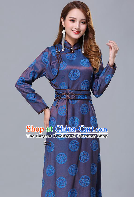 Chinese Traditional Mongolian Nationality Blue Satin Dress Mongol Ethnic Stage Show Costume for Women