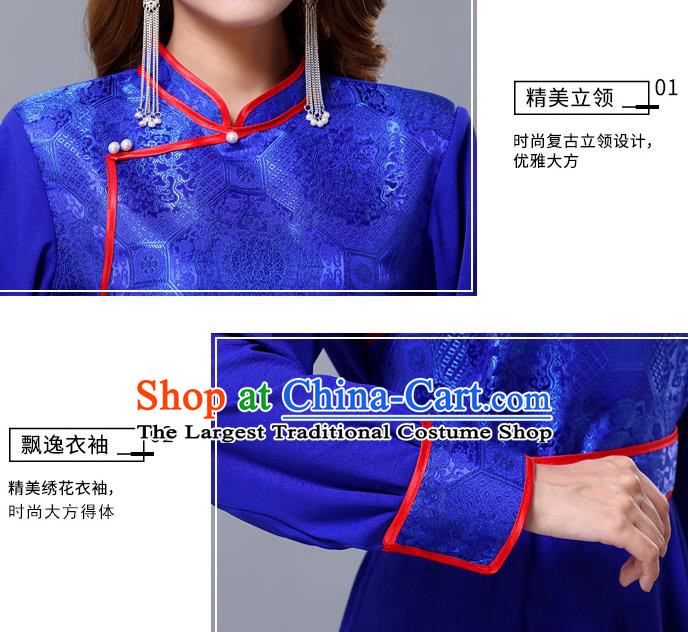 Chinese Traditional Mongolian Nationality Royalblue Dress Minority Garment Mongol Ethnic Stand Collar Costume for Women