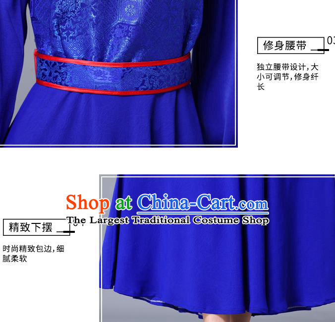 Chinese Traditional Mongolian Nationality Royalblue Dress Minority Garment Mongol Ethnic Stand Collar Costume for Women