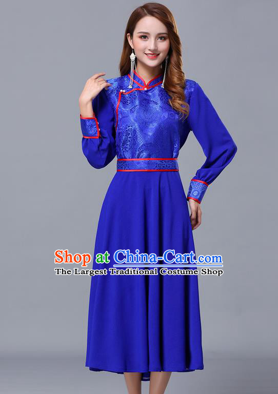 Chinese Traditional Mongolian Nationality Royalblue Dress Minority Garment Mongol Ethnic Stand Collar Costume for Women