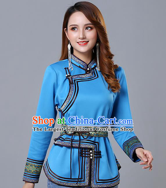 Chinese Traditional Blue Satin Blouse Mongol Ethnic Nationality Costume Mongolian Minority Upper Outer Garment for Women