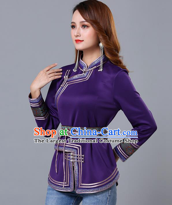 Chinese Traditional Purple Satin Blouse Mongol Ethnic Nationality Costume Mongolian Minority Upper Outer Garment for Women