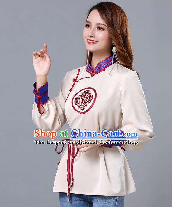 Chinese Traditional Mongolian Minority Beige Satin Blouse Mongol Ethnic Nationality Upper Outer Garment Costume for Women