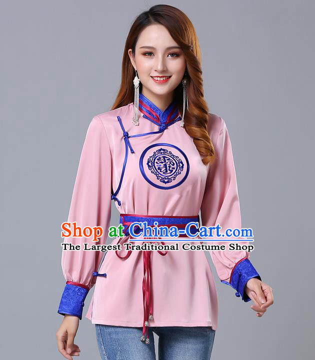 Chinese Traditional Mongolian Minority Pink Satin Blouse Mongol Ethnic Nationality Upper Outer Garment Costume for Women