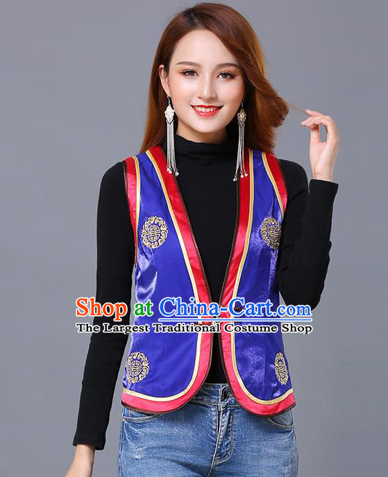 Chinese Mongol Ethnic Nationality Royalblue Satin Vest Traditional Mongolian Minority Garment Waistcoat Costume for Women
