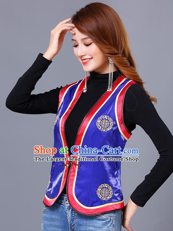 Chinese Mongol Ethnic Nationality Royalblue Satin Vest Traditional Mongolian Minority Garment Waistcoat Costume for Women