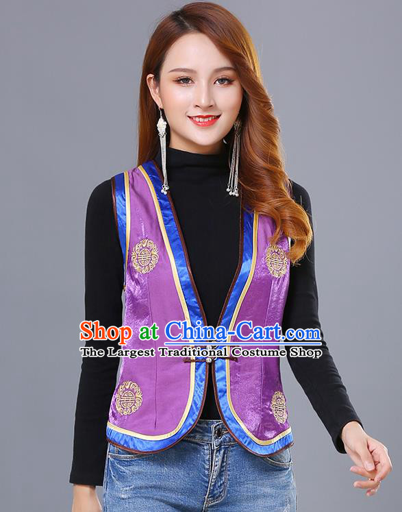 Chinese Mongol Ethnic Nationality Purple Satin Vest Traditional Mongolian Minority Garment Waistcoat Costume for Women