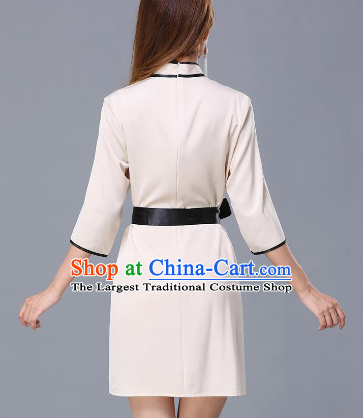 Chinese Traditional National Beige Short Dress Mongolian Minority Garment Mongol Ethnic Nationality Costume for Women