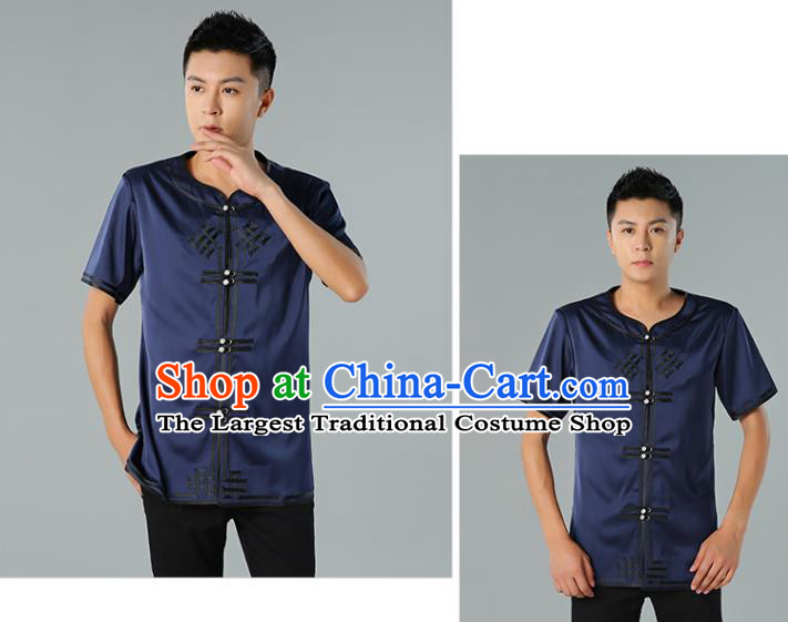 Chinese Mongol Nationality Navy Silk Short Sleeve Shirt Traditional Ethnic Minority Costume Upper Outer Garment for Men
