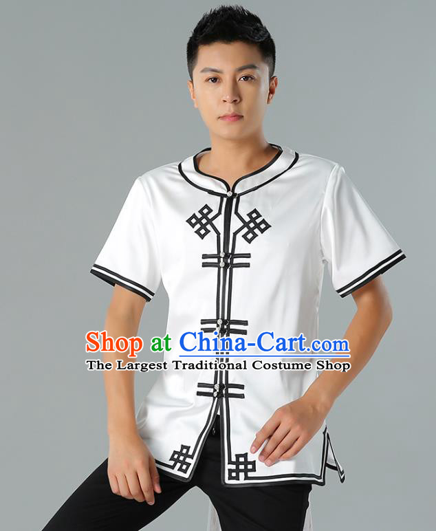Chinese Mongol Nationality White Silk Short Sleeve Shirt Traditional Ethnic Minority Costume Upper Outer Garment for Men