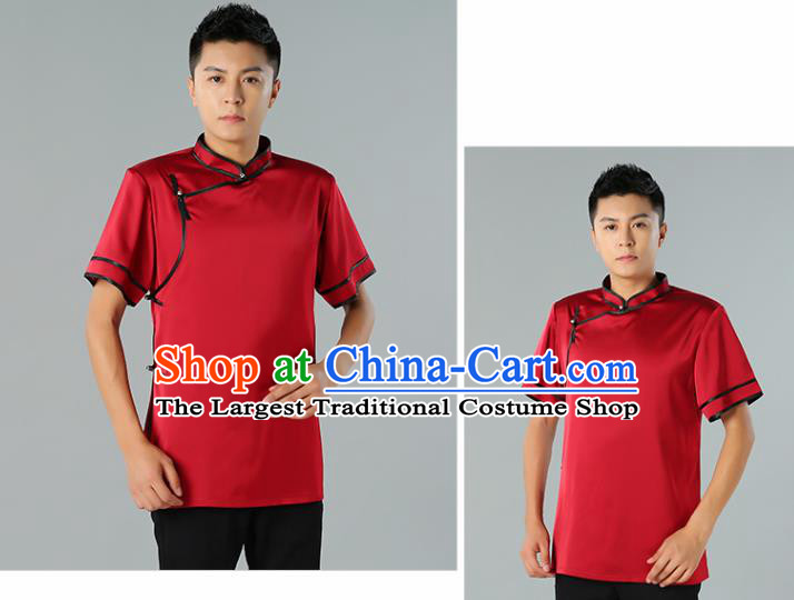 Chinese Mongol Nationality Minority Summer Red Shirt Traditional Ethnic Upper Outer Garment Informal Costume for Men