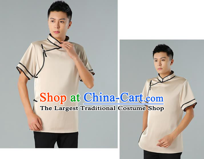 Chinese Mongol Nationality Minority Summer Champagne Shirt Traditional Ethnic Upper Outer Garment Informal Costume for Men