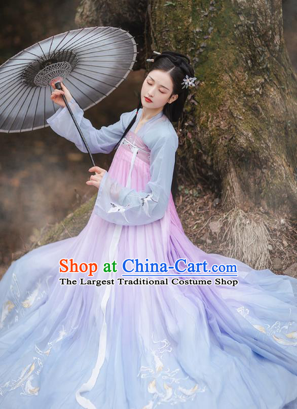 Chinese Traditional Palace Hanfu Blue Blouse and Dress Ancient Tang Dynasty Royal Princess Garment Embroidered Costumes Full Set