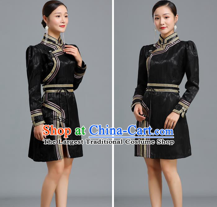 Traditional Chinese Mongolian Nationality Black Brocade Short Dress Ethnic Informal Costume Mongol Minority Garment Woman Apparels