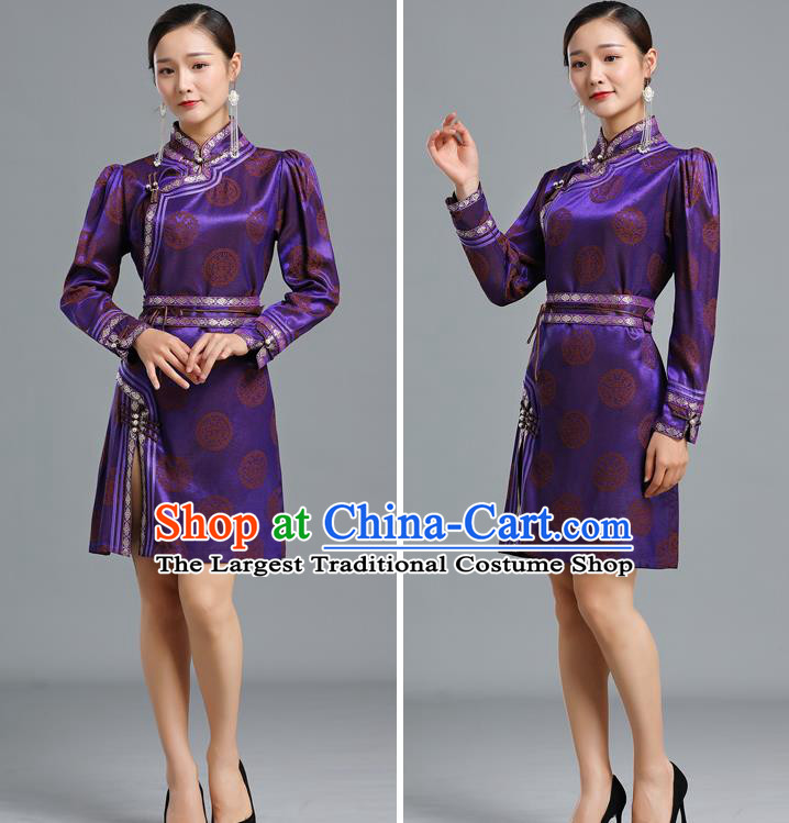 Traditional Chinese Mongolian Nationality Purple Brocade Short Dress Ethnic Informal Costume Mongol Minority Garment Woman Apparels