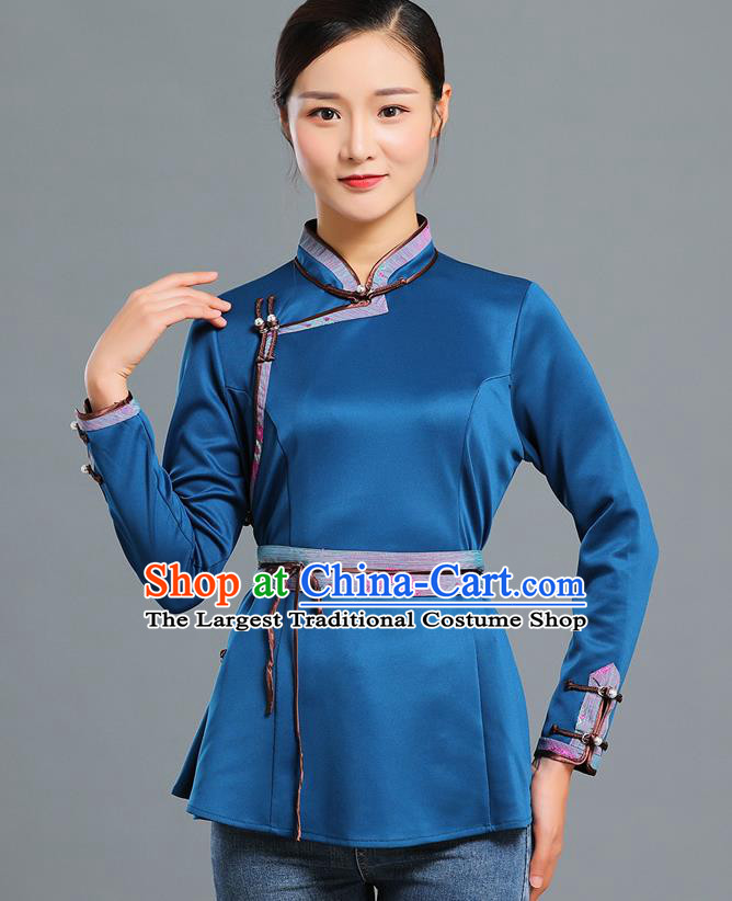 Traditional Chinese Ethnic Peacock Blue Blouse Woman Apparels Mongol Minority Upper Outer Garment Mongolian Nationality Informal Costume