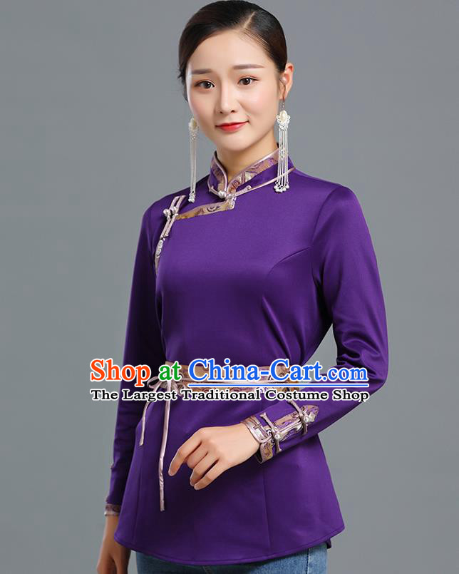 Traditional Chinese Ethnic Purple Blouse Woman Apparels Mongol Minority Upper Outer Garment Mongolian Nationality Informal Costume