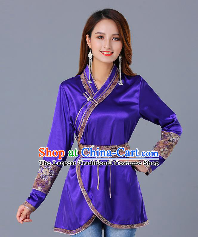 Traditional Chinese Ethnic Woman Purple Blouse Apparels Mongol Minority Upper Outer Garment Mongolian Nationality Informal Costume