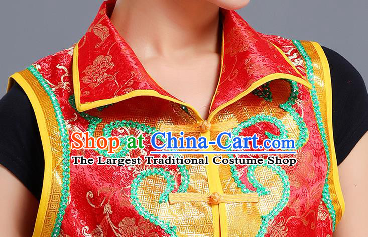 Traditional Chinese Mongol Ethnic Red Brocade Vest Minority Garment Costume Mongolian Nationality Informal Waistcoat Apparels for Woman