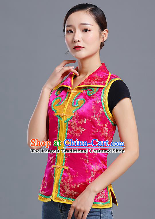 Traditional Chinese Mongol Ethnic Rosy Brocade Vest Minority Garment Costume Mongolian Nationality Informal Waistcoat Apparels for Woman