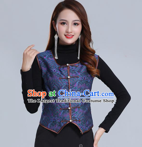 Traditional Chinese Tang Suit Navy Brocade Vest Mongol Ethnic Minority Garment Mongolian Nationality Waistcoat Apparels Costume for Woman