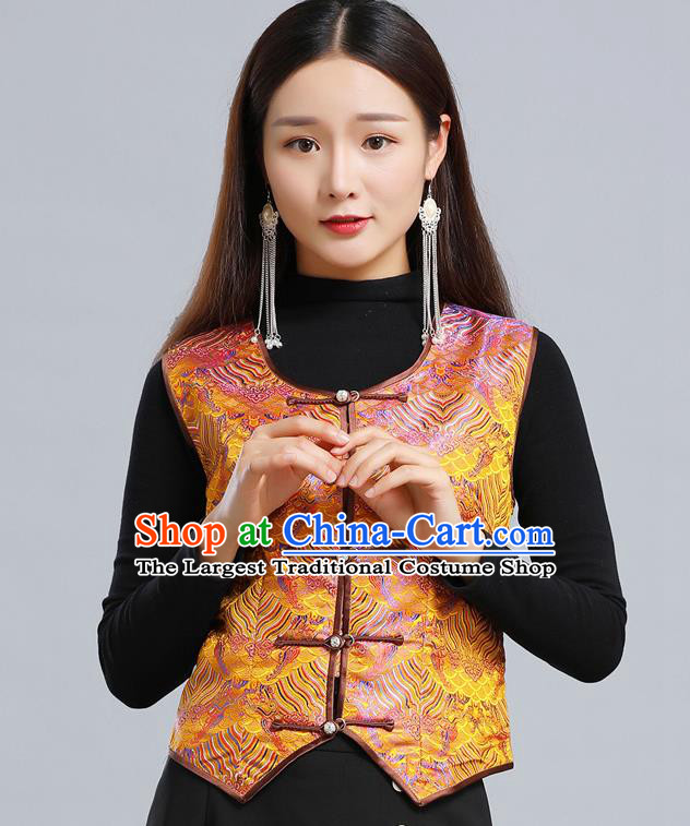 Traditional Chinese Tang Suit Golden Brocade Vest Mongol Ethnic Minority Garment Mongolian Nationality Waistcoat Apparels Costume for Woman