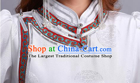 Traditional Chinese Ethnic Costume Mongol Minority White Dress Garment Mongolian Nationality Apparels for Woman