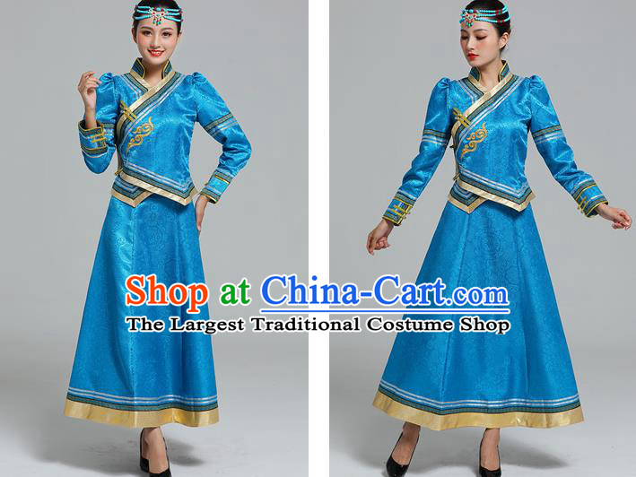 Traditional Chinese Mongol Minority Ethnic Costume Garment Mongolian Nationality Women Folk Dance Apparels Blue Blouse and Skirt
