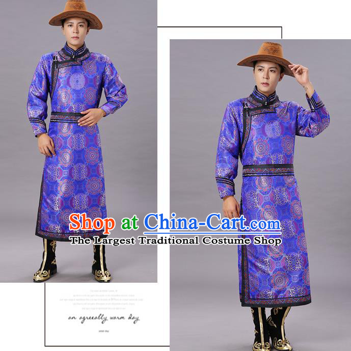 Chinese Traditional Ethnic Dance Garment Mongol Minority Costume Royalblue Brocade Mongolian Robe for Men