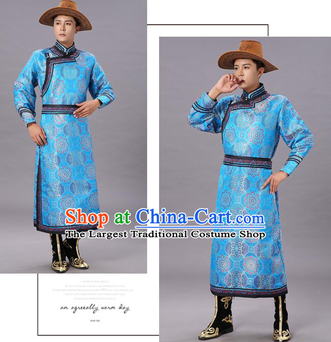 Chinese Traditional Ethnic Dance Garment Mongol Minority Costume Blue Brocade Mongolian Robe for Men