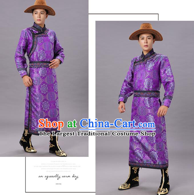 Chinese Traditional Ethnic Dance Garment Mongol Minority Costume Purple Brocade Mongolian Robe for Men