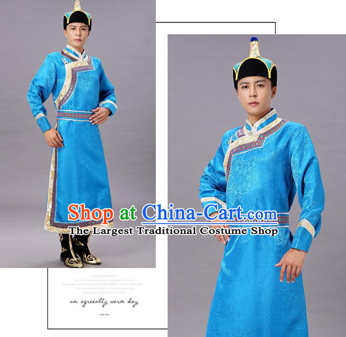 Chinese Traditional Ethnic Blue Brocade Mongolian Robe Dance Garment Mongol Minority Costume for Men