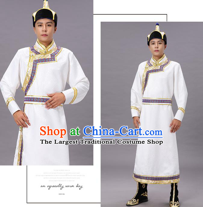 Chinese Traditional Ethnic White Brocade Mongolian Robe Dance Garment Mongol Minority Costume for Men