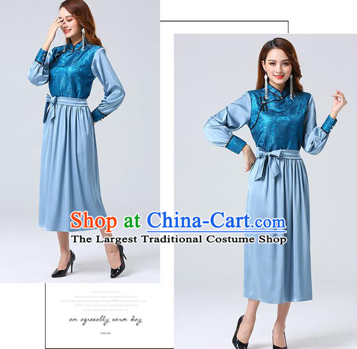 Traditional Chinese Mongol Minority Ethnic Costume Garment Mongolian Nationality Women Blue Dress Apparels
