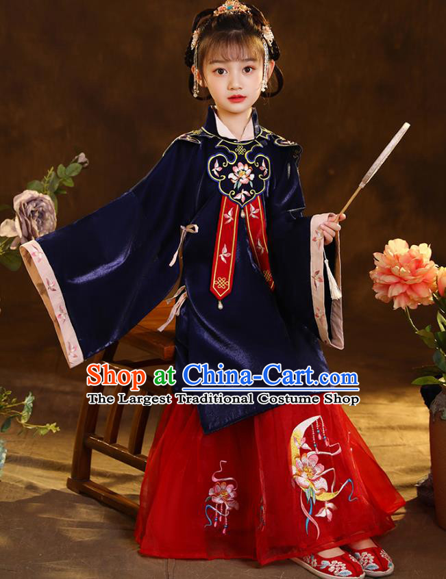 Chinese Traditional Tang Suit Deep Blue Blouse and Red Skirt Ancient Girl Hanfu Costumes for Kids