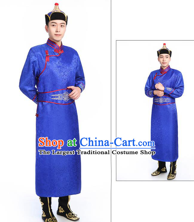 Chinese Traditional Royalblue Brocade Mongolian Robe Ethnic Men Dance Garment Mongol Minority Wedding Costume