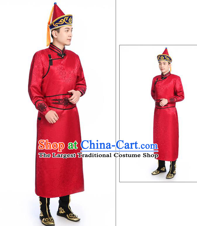 Chinese Traditional Red Brocade Mongolian Robe Ethnic Men Dance Garment Mongol Minority Wedding Costume
