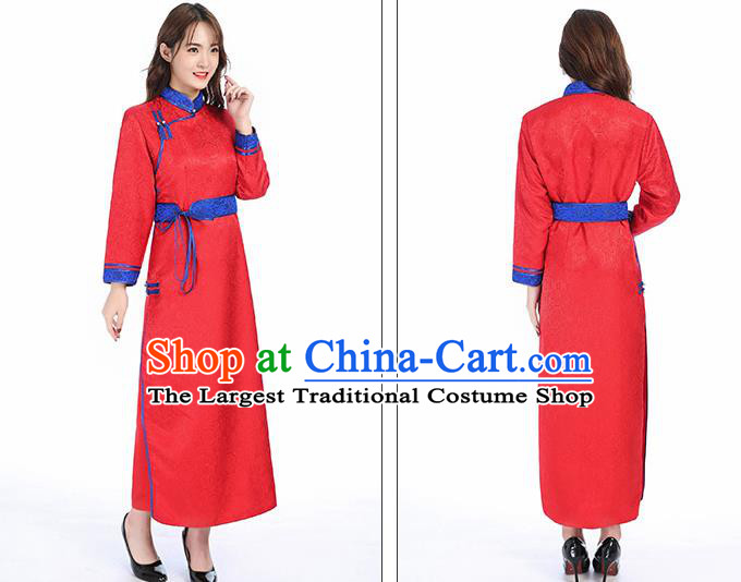Traditional Chinese Mongol Minority Red Brocade Mongolian Robe Apparels Ethnic Costume Mongolian Nationality Women Garment Dress