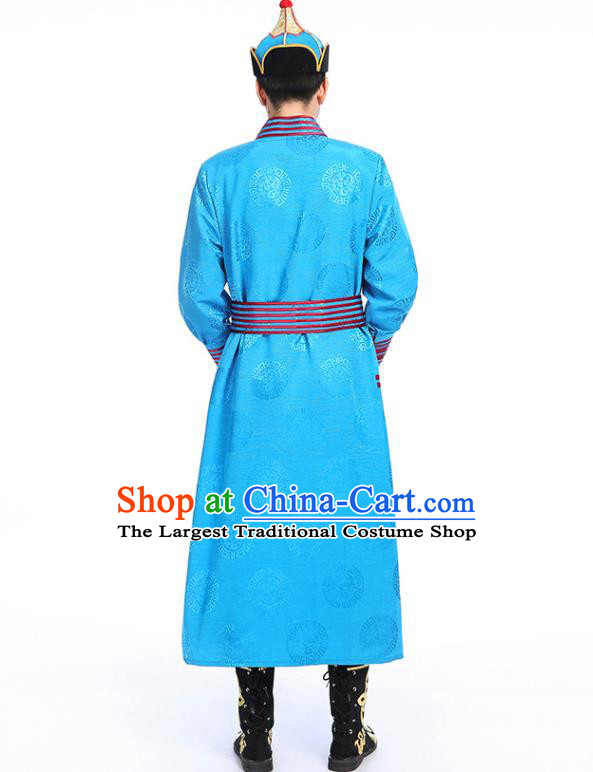 Chinese Traditional Ethnic Blue Mongolian Robe Mongolian Men Dance Garment Mongol Minority Stage Performance Costume