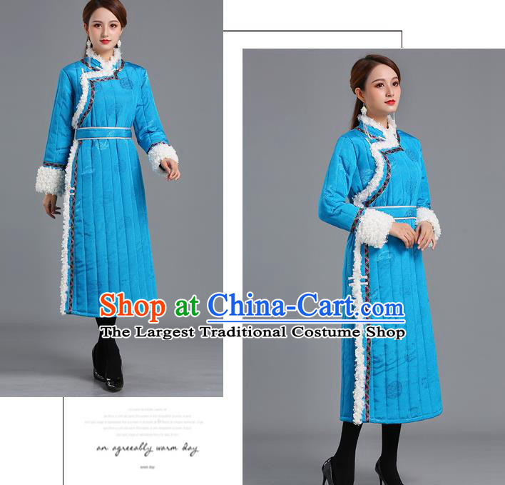 Traditional Chinese Mongol Minority Women Blue Mongolian Robe Apparels Ethnic Costume Mongolian Nationality Winter Garment