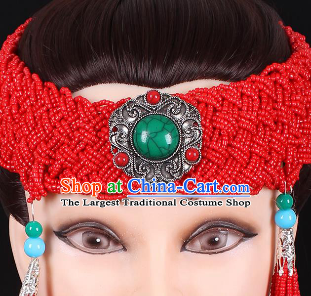Traditional Chinese Mongol Minority Women Hair Accessories Mongolian Ethnic Dance Red Beads Tassel Hair Clasp