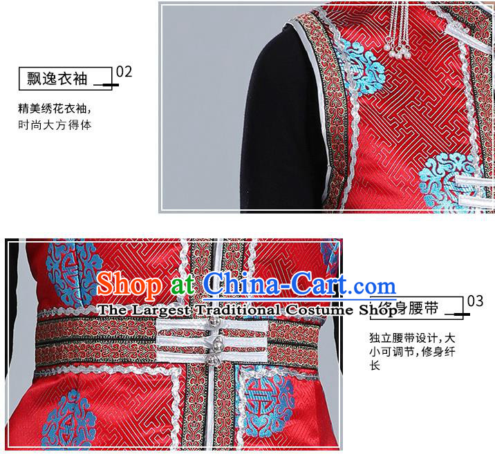 Traditional Chinese Ethnic Women Red Brocade Vest Apparels Mongol Minority Garment Nationality Folk Dance Costume